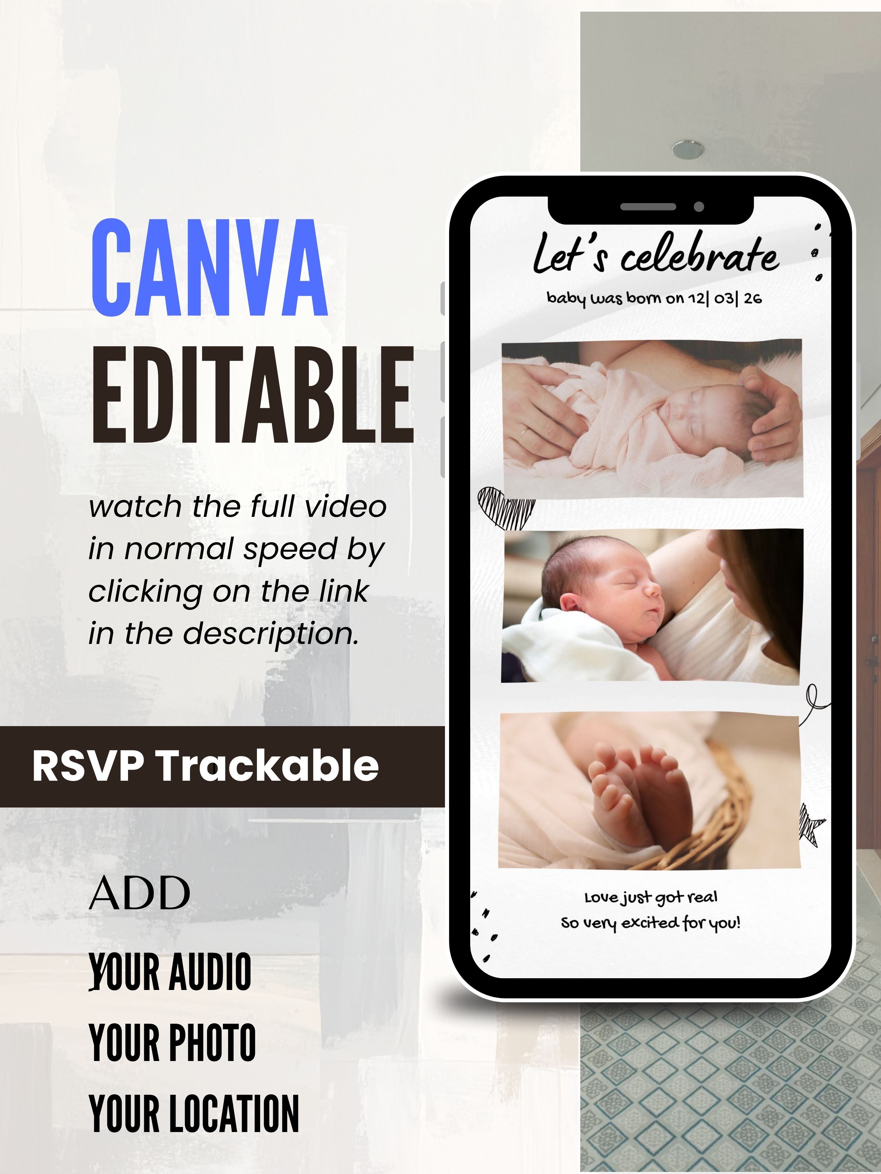 Commercial use NEWBORN BABY PARTY Welcome Video Invitation | Canva Pro Template | Baby Boy & Baby Girl Party Invite | Instant Download|ki9c