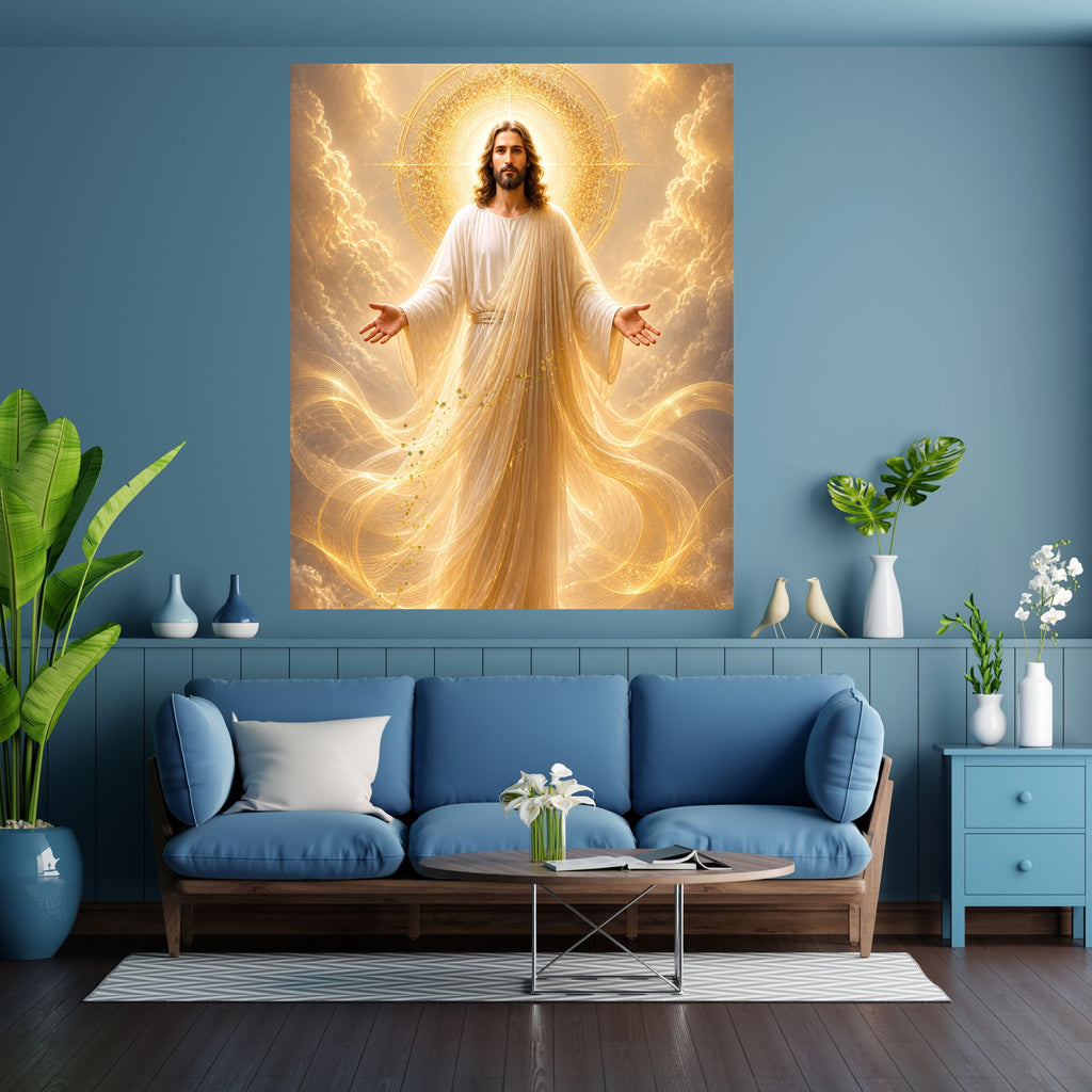 Jesus King of Glory Wall Art Printable | Heavenly Throne Room Ascended Christ Filigree Crown Halo Print | Gold Veil Mantle Blessing Hands Royal Heaven Decor