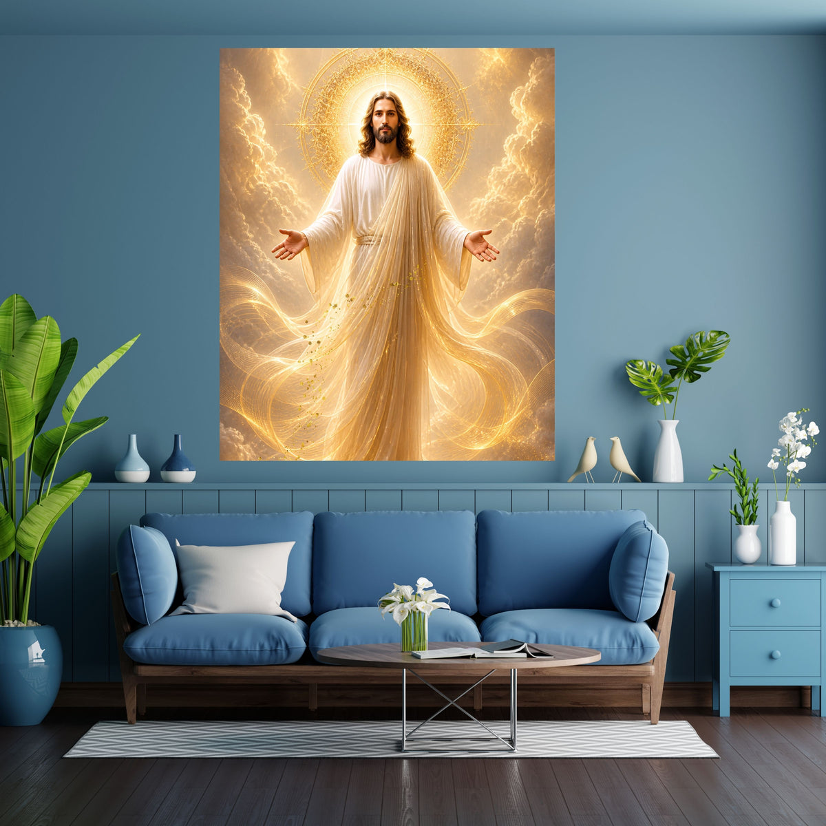 Jesus King of Glory Wall Art Printable | Heavenly Throne Room Ascended Christ Filigree Crown Halo Print | Gold Veil Mantle Blessing Hands Royal Heaven Decor