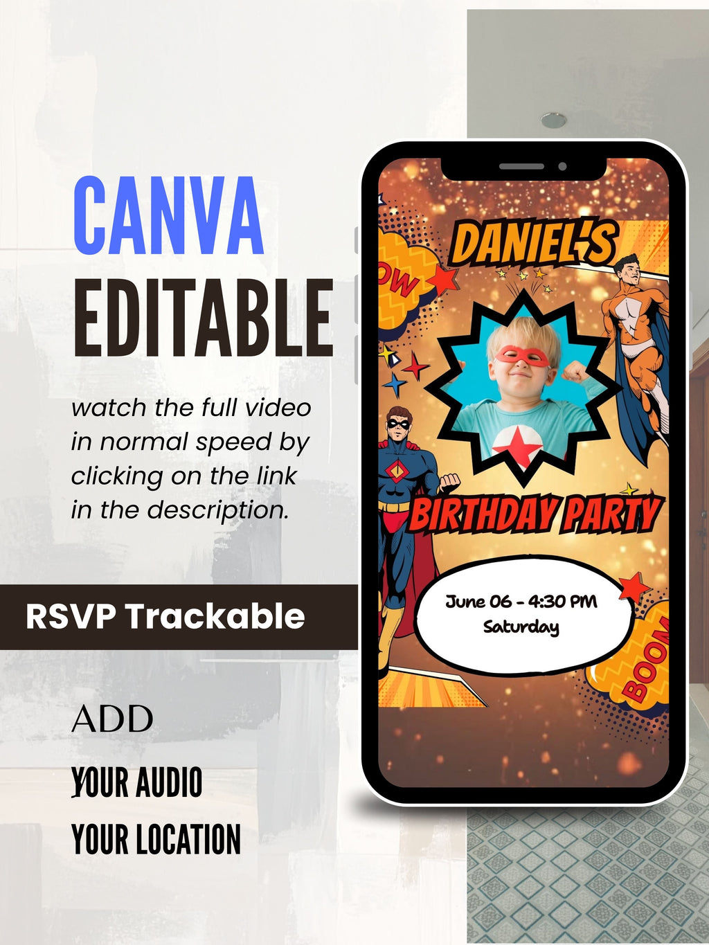 SUPERHERO Birthday Invitation Video | Editable Canva pro Template | Kids Party Invite | Digital Download|ki42