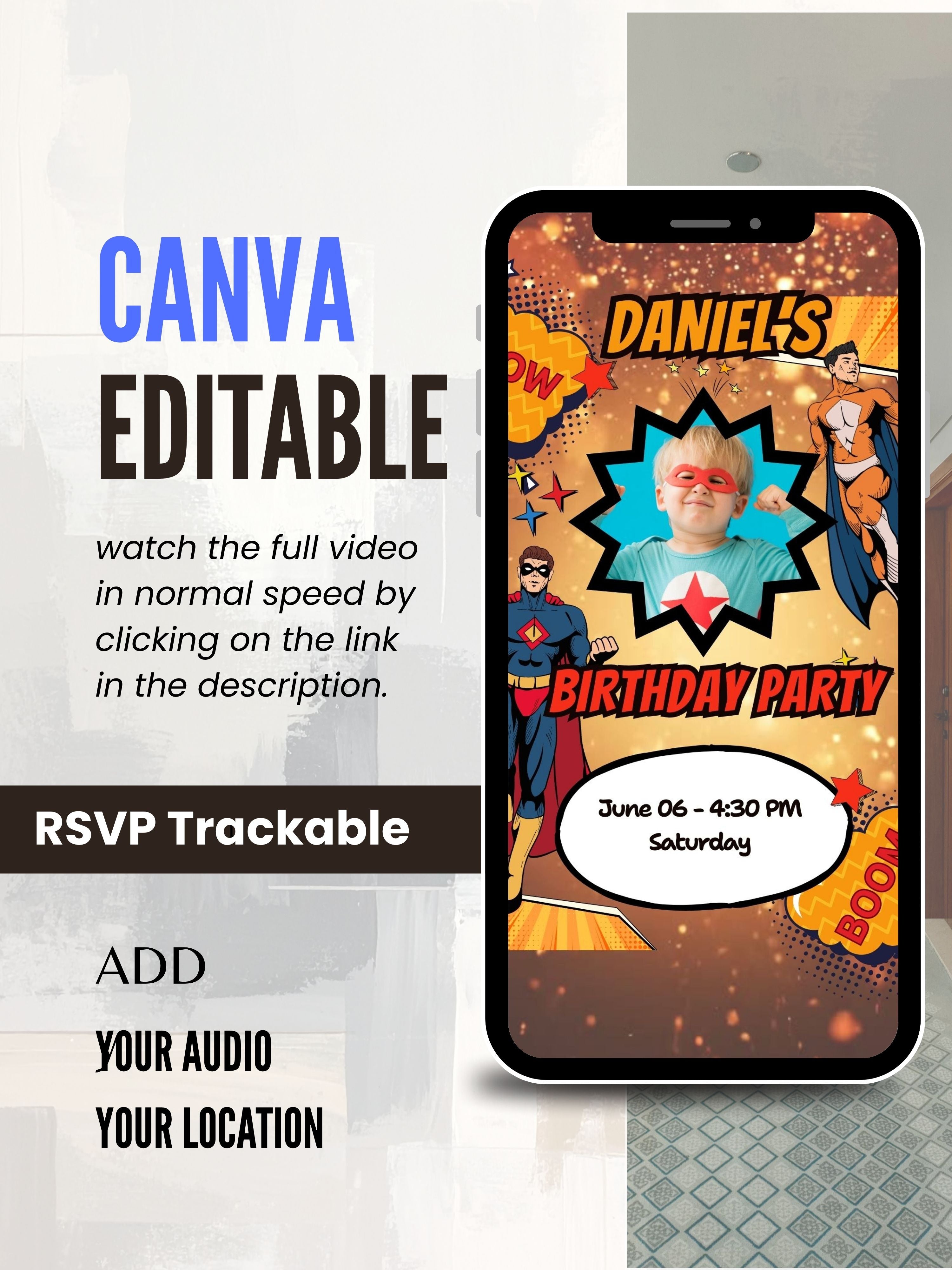 commercial use SUPERHERO Birthday Invitation Video | Editable Canva pro Template | Kids Party Invite | Digital Download|ki42c