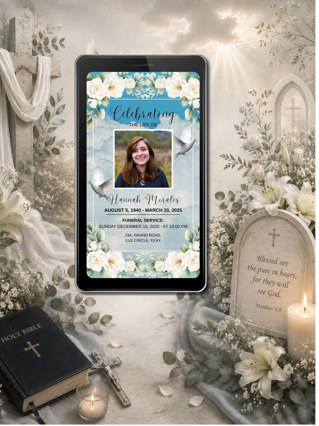 Teal Blue Dove Funeral Service Video Invitation | Editable Canva Template | Celebrating the Life Of | White Roses Photo Invite | Instant Download