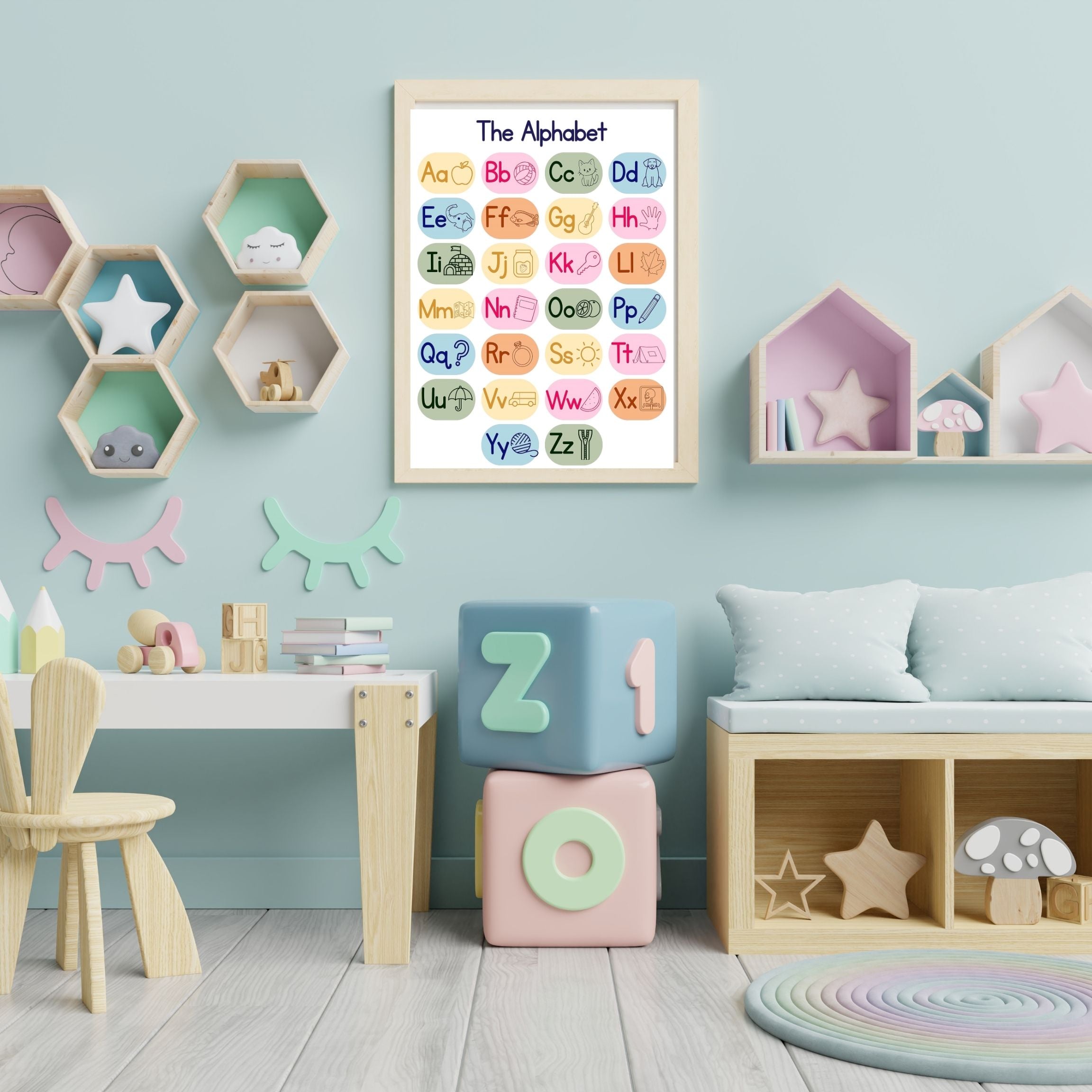 Alphabet Wall Art Printable, ABC Learning Poster, Kids Educational Decor, Nursery Wall Art, Preschool Classroom Print, Homeschool Decor, Digital Download|ke1-8