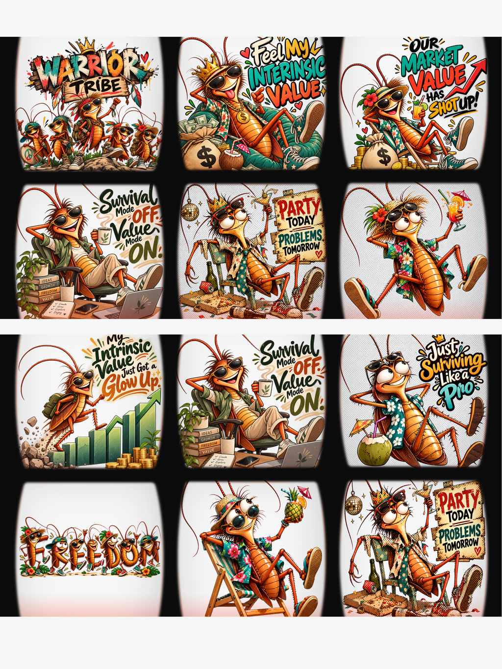 design mock ups. Design can be used on t-shirt, mug, wall paper, sticker, and more. A 3x4 grid of 12 cartoon insect-themed graphic designs, likely for apparel prints or stickers, featuring illustrated crickets, grasshoppers, and cockroaches with humorous text such as 'Warrior Tribe,' 'Survival Off the Ground,' and 'Party Today Problems Tomorrow.'.