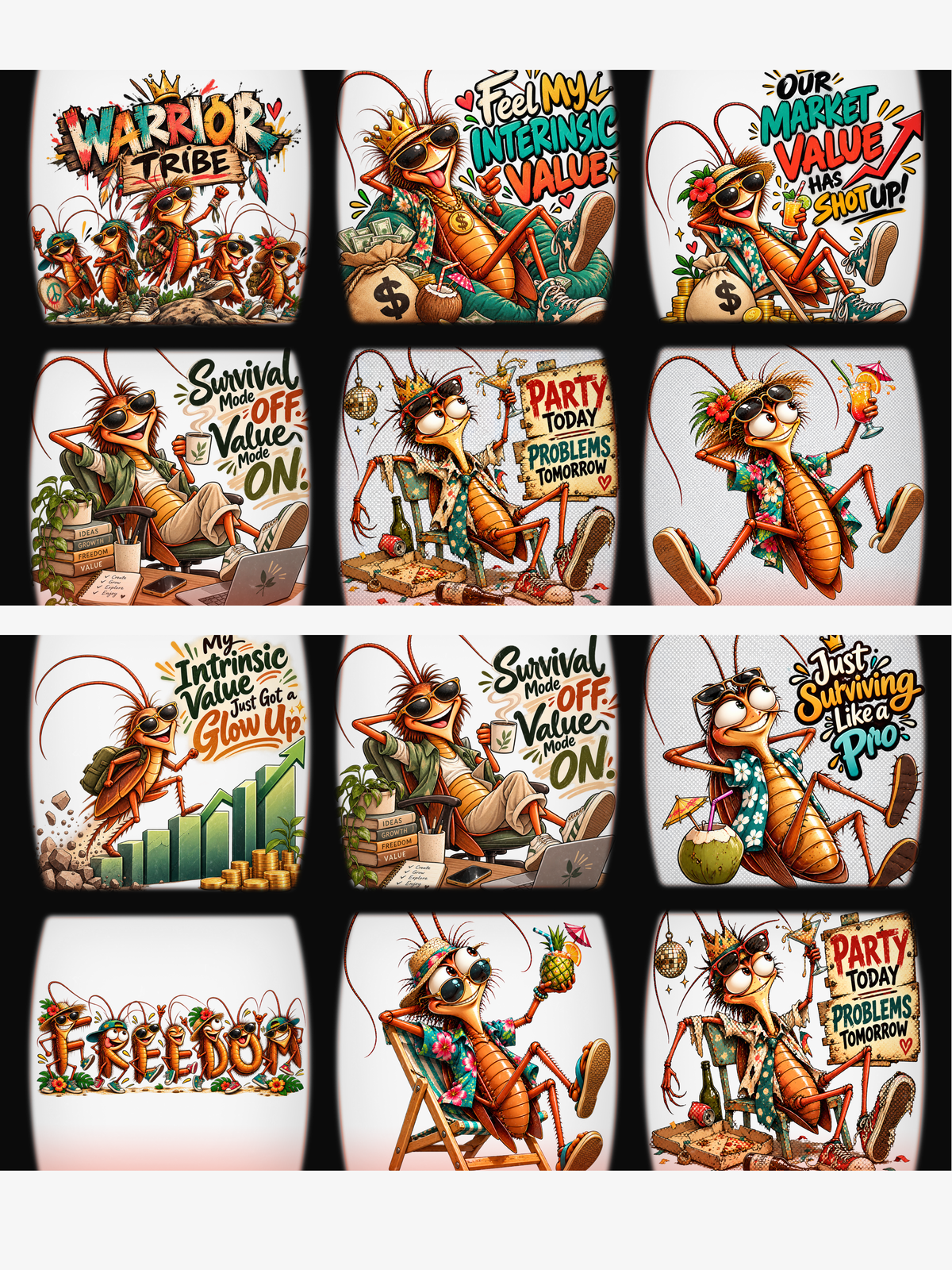 design mock ups. Design can be used on t-shirt, mug, wall paper, sticker, and more. A 3x4 grid of 12 cartoon insect-themed graphic designs, likely for apparel prints or stickers, featuring illustrated crickets, grasshoppers, and cockroaches with humorous text such as 'Warrior Tribe,' 'Survival Off the Ground,' and 'Party Today Problems Tomorrow.'.