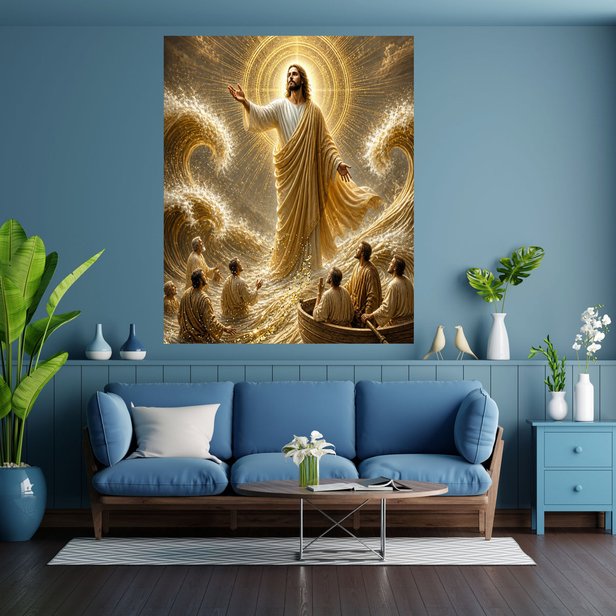 Jesus Calms the Storm Wall Art Printable | Peace Be Still Disciples Boat Sea of Galilee Gold Sunburst Halo Print | Christian Storm Miracle Faith Decor Gift