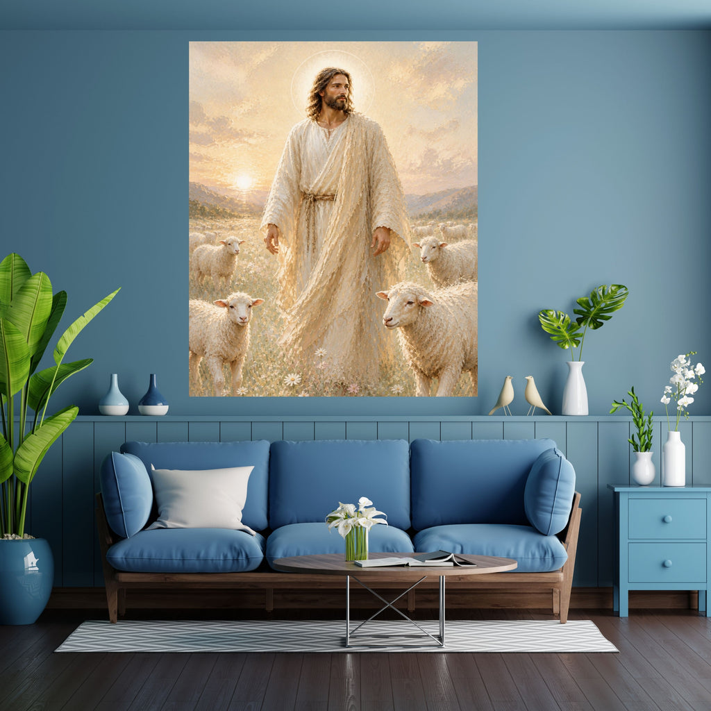 Good Shepherd Jesus Wall Art Printable | Full-Length Daisy Wildflower Meadow Four White Sheep Flock Sunrise Golden Sky Mountain Rope Belt Robe Oil Painting Style | Christian Faith Pastoral Decor Gift