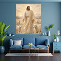 Good Shepherd Jesus Wall Art Printable | Full-Length Daisy Wildflower Meadow Four White Sheep Flock Sunrise Golden Sky Mountain Rope Belt Robe Oil Painting Style | Christian Faith Pastoral Decor Gift