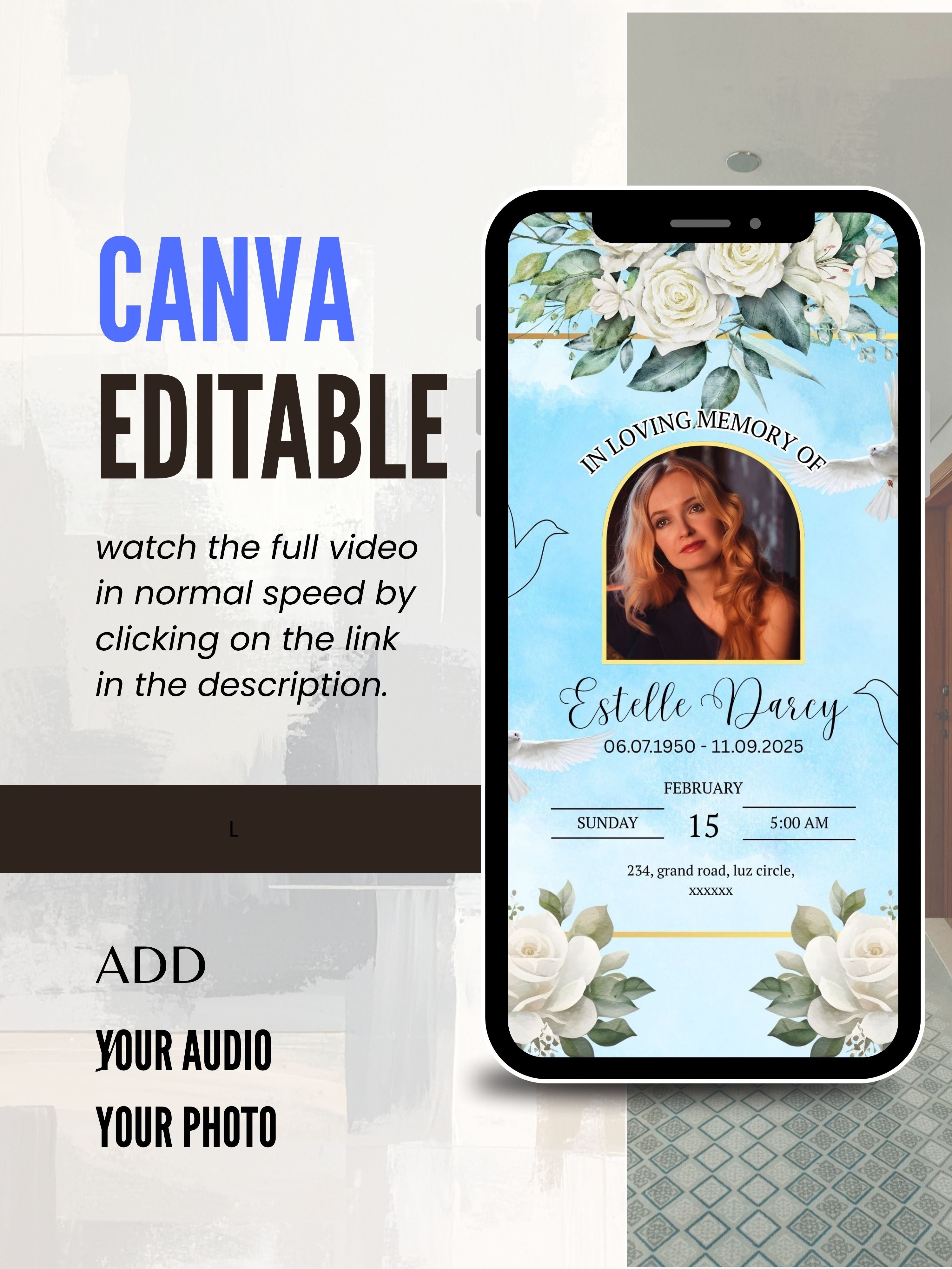 MEMORIAL SERVICE editable Invitation Video Template | Canva Celebration of Life Invite | In Loving Memory | Digital Memorial Announcement | Instant Download|ai9