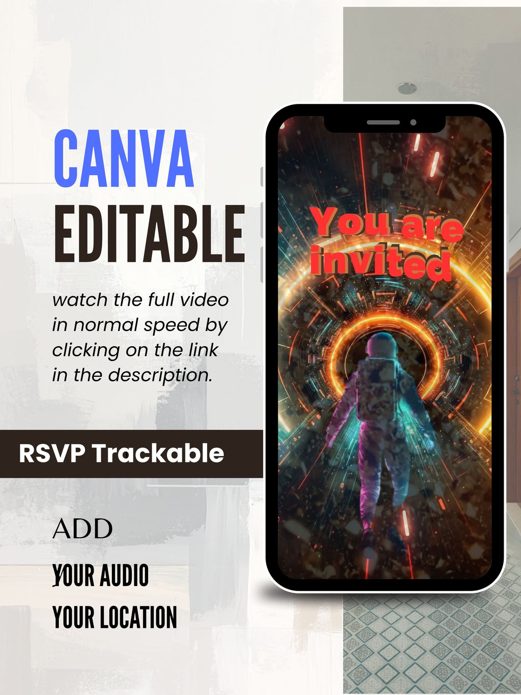 Astronaut Space Birthday Video Invitation Canva Commercial Licence | Neon Orange Gold Portal Sci-Fi Galaxy Vortex Purple Number Cartoon Astronaut Moon Surface Blue Purple Star Nebula | Resell Client Use Instant Download