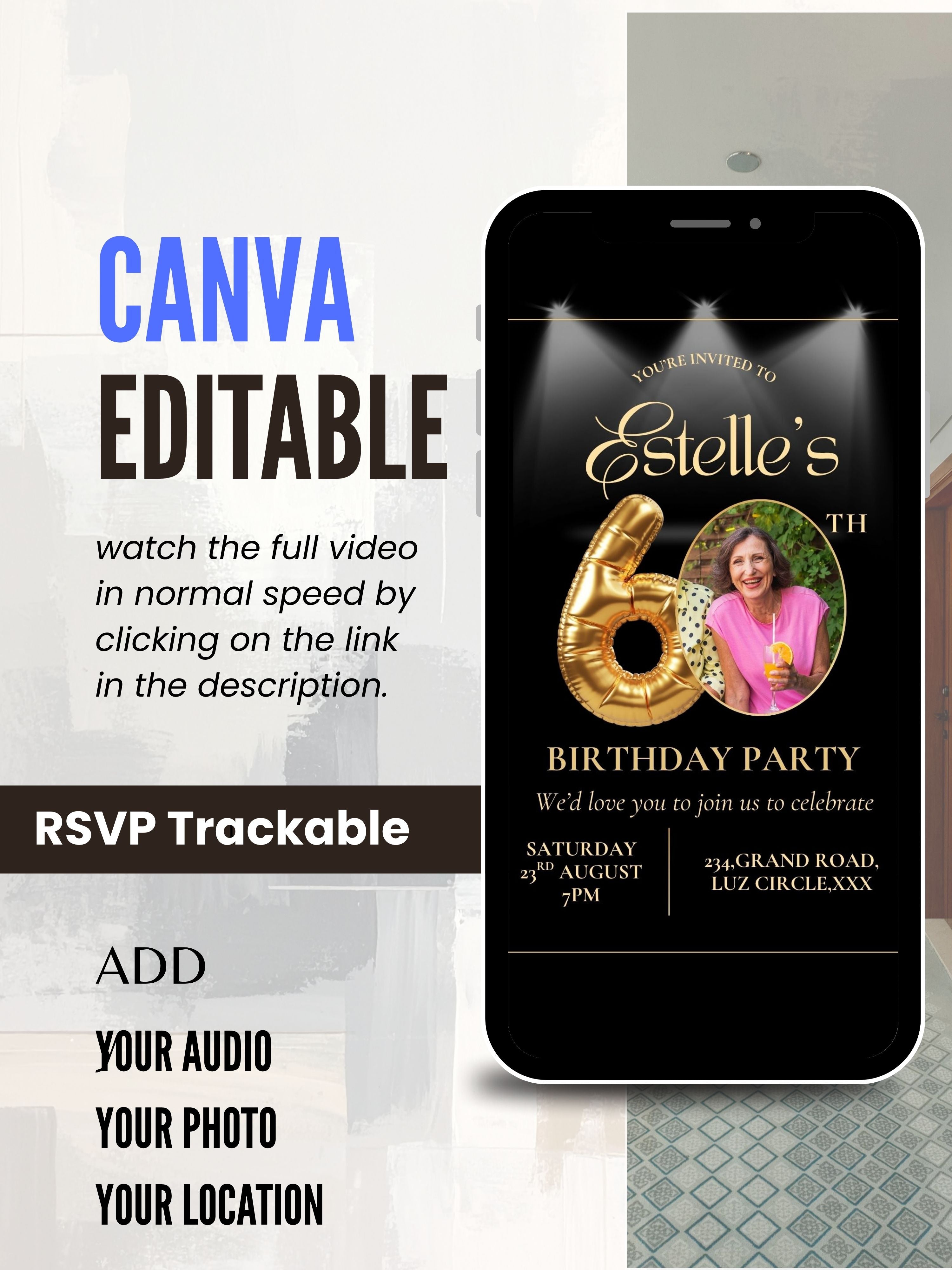 Editable 60TH BIRTHDAY Video Invitation | Canva Pro Template | Milestone Birthday Party Invite | Photo, Music, QR Code | Instant Download|ai12