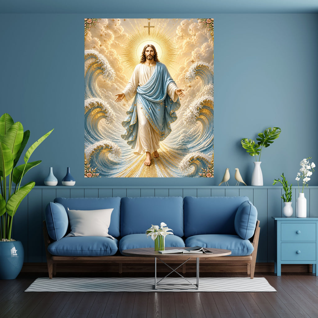 Jesus Lord of the Waves Wall Art Printable | Sky-Blue Mantle Parting Ocean Baroque Gold Border Seashell Frame Print | Sovereign over Storms Christian Coastal Faith Decor