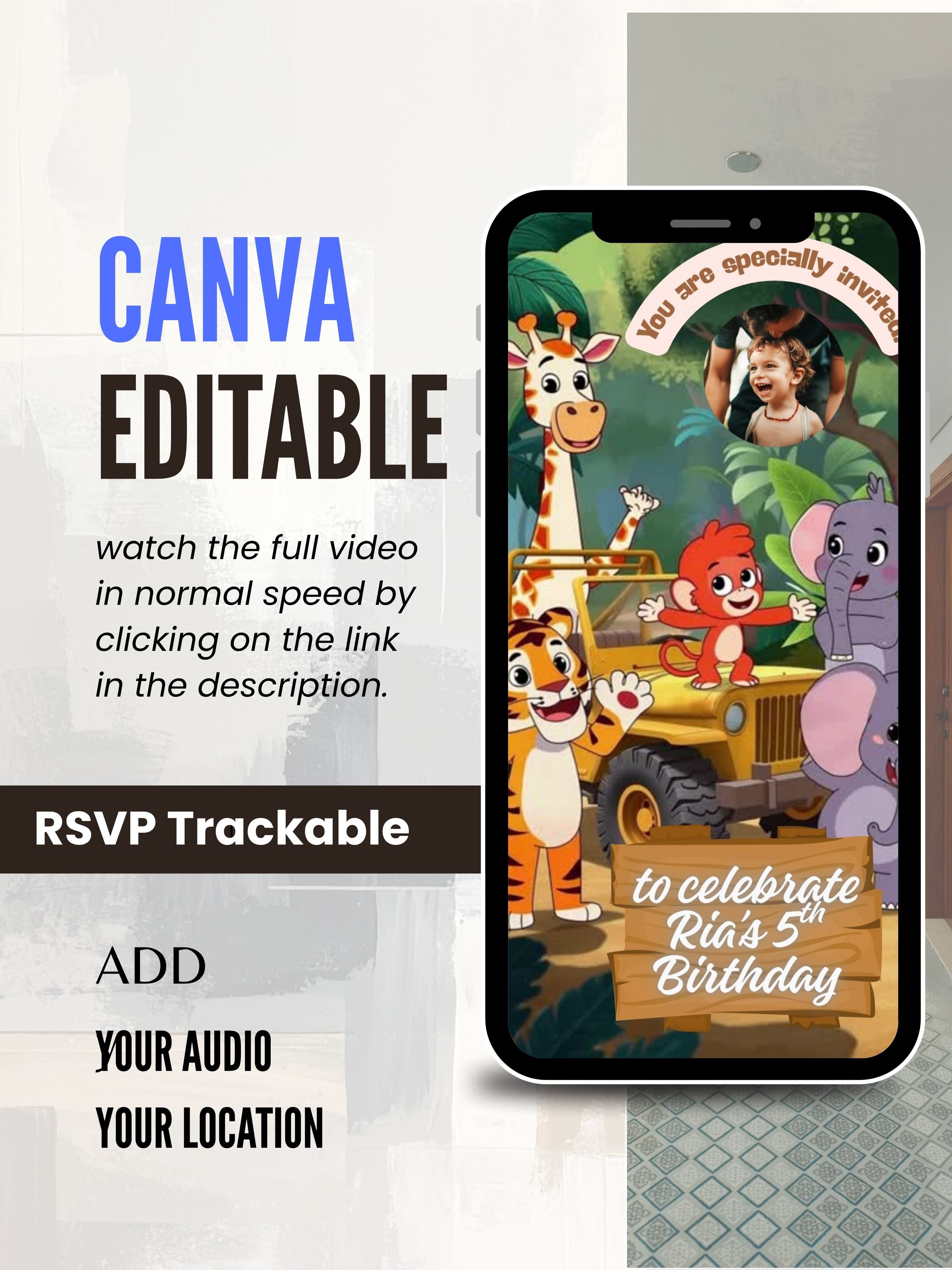 commercial use ANIMAL THEME Birthday Invitation Video | Editable Canva pro Template | Kids Party Invite | ki3c