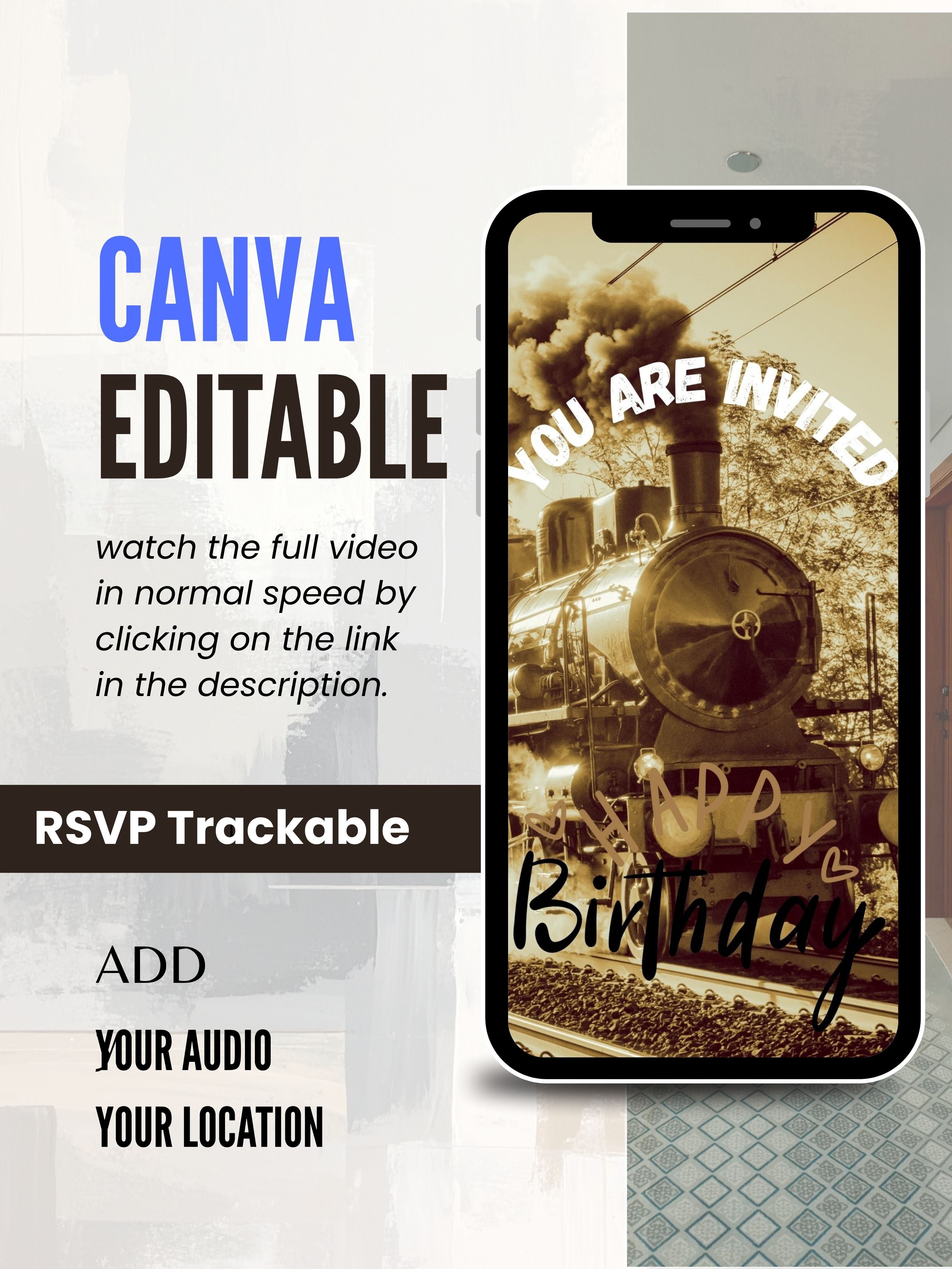 commercial use-VINTAGE TRAIN Birthday Invitation Video | Editable Canva pro Template | Vintage Kids Party Invite | Digital Download|ki40c
