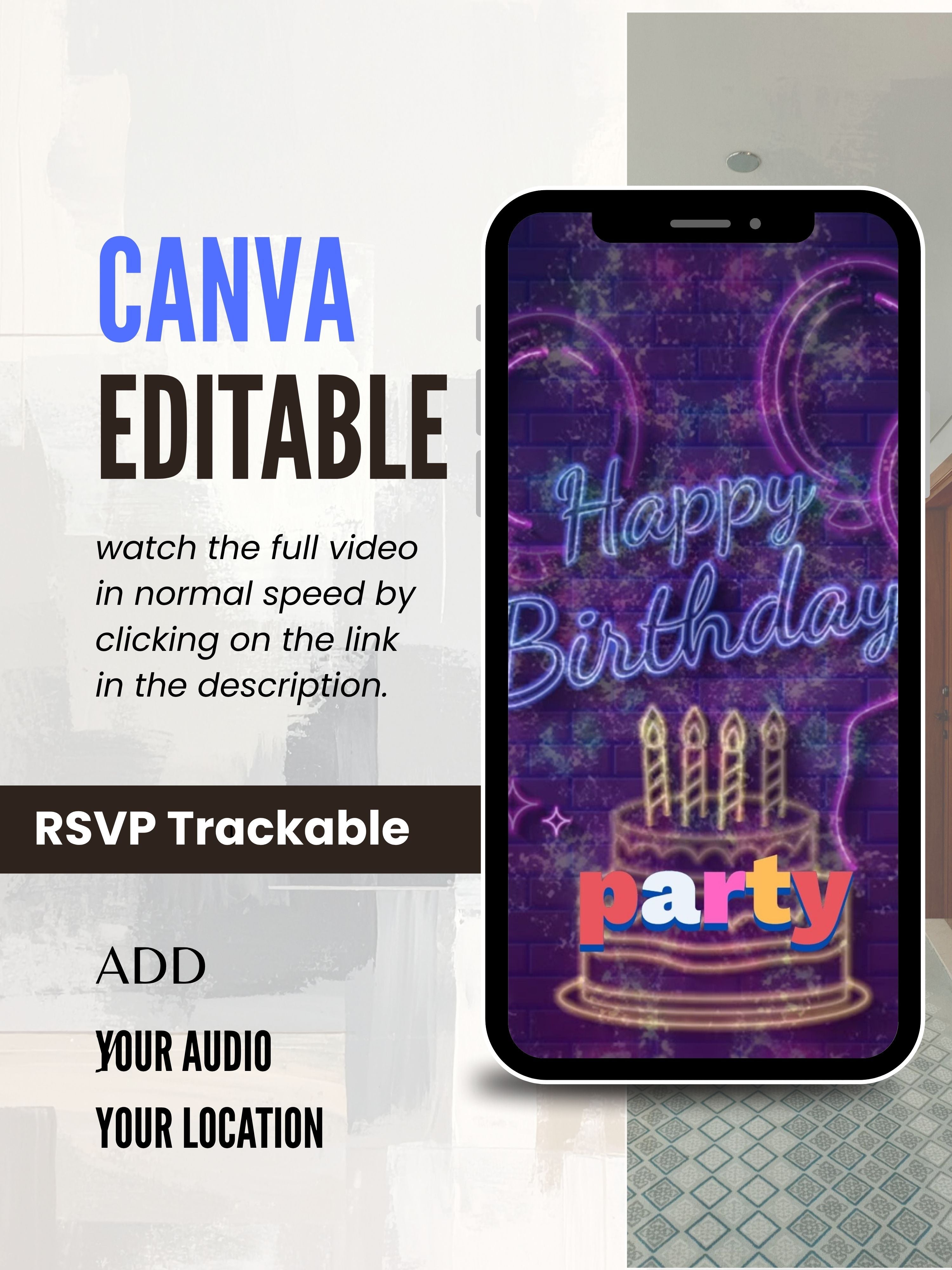 commercial use NEON Birthday Invitation Video | Editable Canva pro Template | Glow Party Invite | Digital Download|ki51c