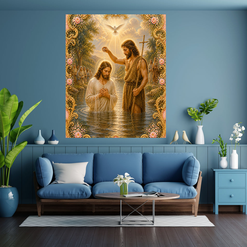 Baptism of Jesus Wall Art Printable | John the Baptist Holy Spirit Dove Jordan River Baroque Gold Floral Frame Peach Border | Christian Faith Baptism Gift Decor