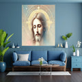Jesus Face Portrait Wall Art Printable | Close Up Contemplative Jesus Pastel Watercolour Gold Oval Halo Four-Point Star | Christian Peaceful Face Devotional Decor Gift