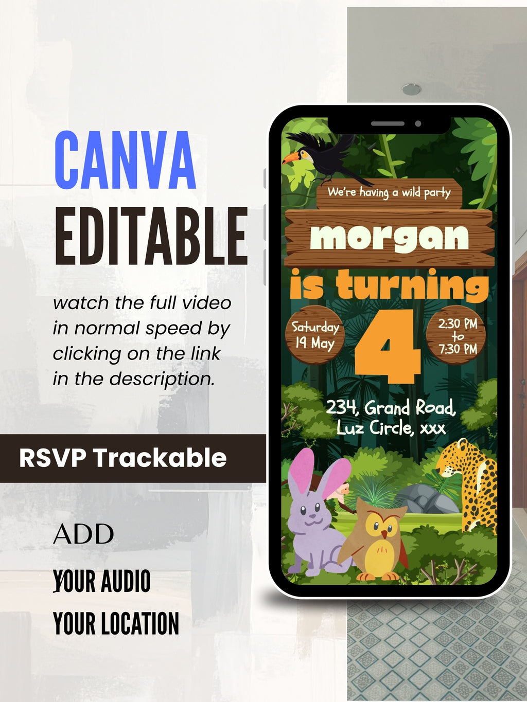 ANIMAL THEME Birthday Invitation Video | Editable Canva pro Template | Kids Party Invite | ki4