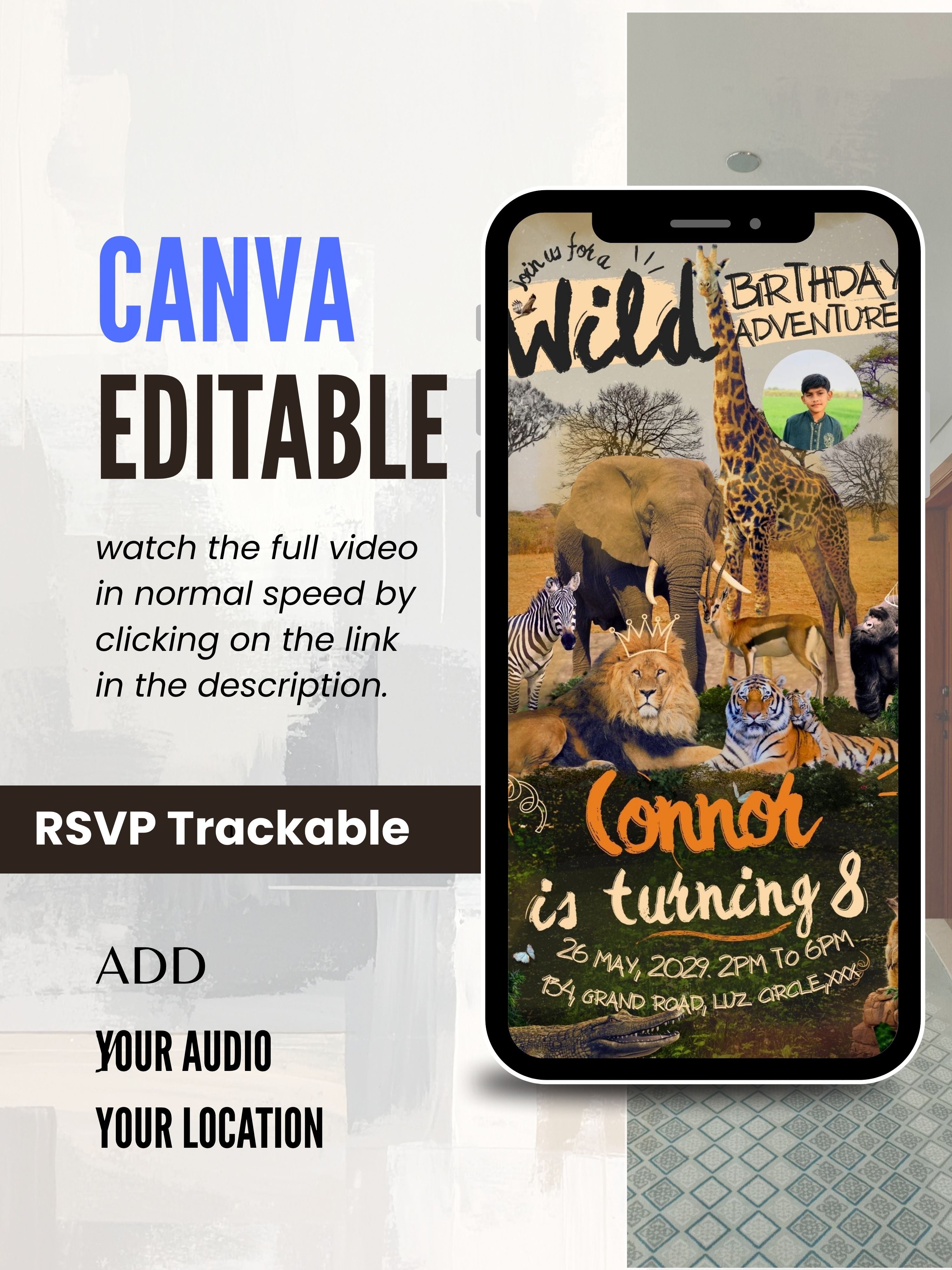 commercial use ANIMAL THEME Birthday Invitation Video | Editable Canva pro Template | Kids Party Invite | ki30c