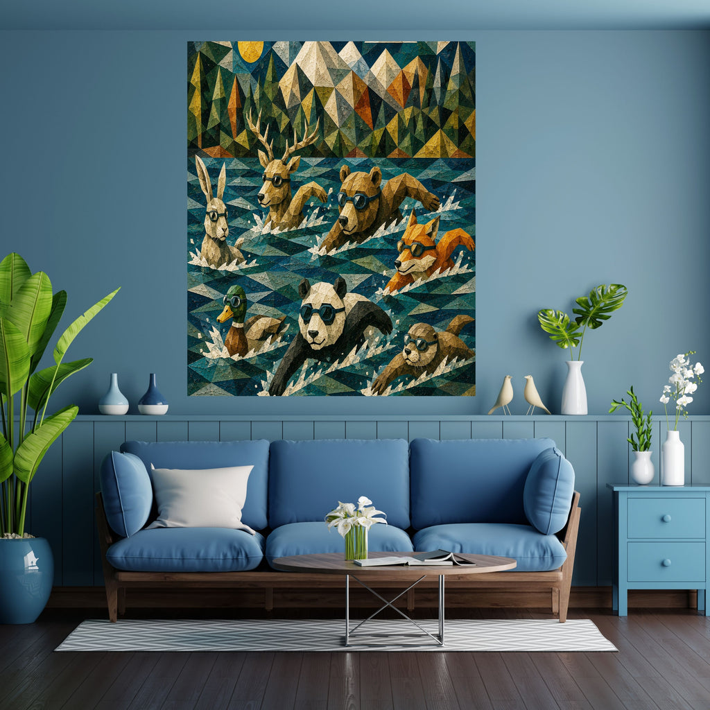 Woodland Animal Swimming Race Wall Art Bundle, Commercial Use Geometric Low-Poly Panda Bear Stag Fox Rabbit Duck Otter Goggle Swim Nursery Poster, Athletic Adventure POD Print, Digital Download, 300 DPI