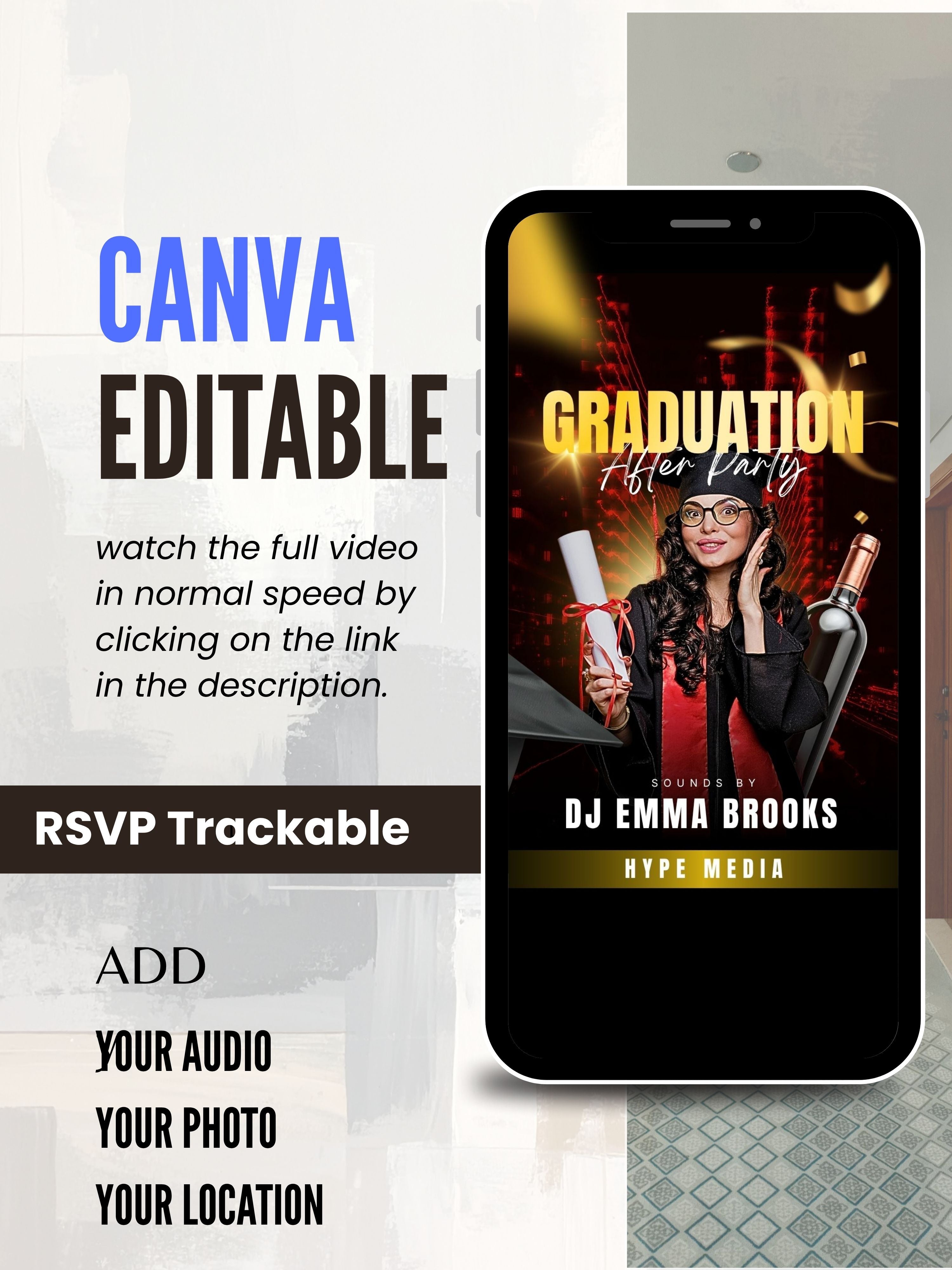 Editable GRADUATION PARTY Video Invitation | Canva Pro Template | Graduation Celebration Invite | Photo, Music, QR Code | Instant Download|ai13