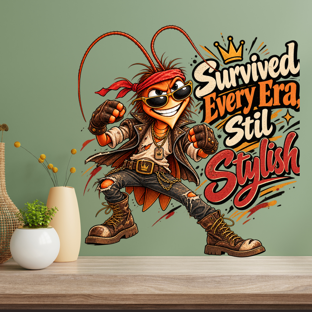 design mock ups. Design can be used on t-shirt, mug, wall paper, sticker, and more. A cartoon cockroach character wearing sunglasses and a red bandana poses beside the phrase “Survived Every Era, Still Stylish” in bold decorative text. The scene is shown on a wall above a wooden surface with decorative vases and a small plant.