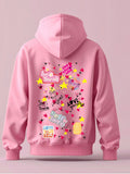 Mockup for downloadable t-shirt designs.Pink hoodie with colorful graphics and text on a light pink background
