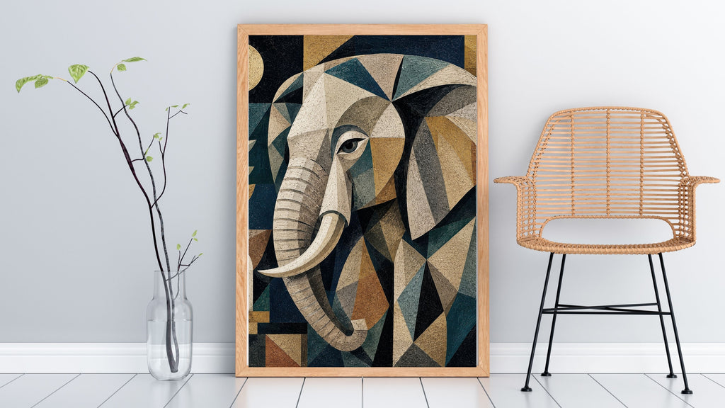 Art Deco Geometric Elephant Wall Art Bundle, Commercial Use Ivory Teal Mosaic Elephant Portrait, African Safari POD Print, Digital Download, 300 DPI
