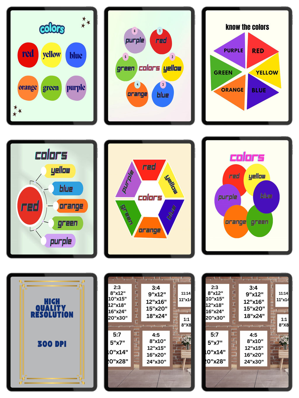Bundle Color Wall Art 60 no. jpg files| 15 designs in 11+sizes|Color Learning Wall Art for Kids, Preschool Educational Poster, Nursery Printable Decor, Montessori Learning Prints|ke3
