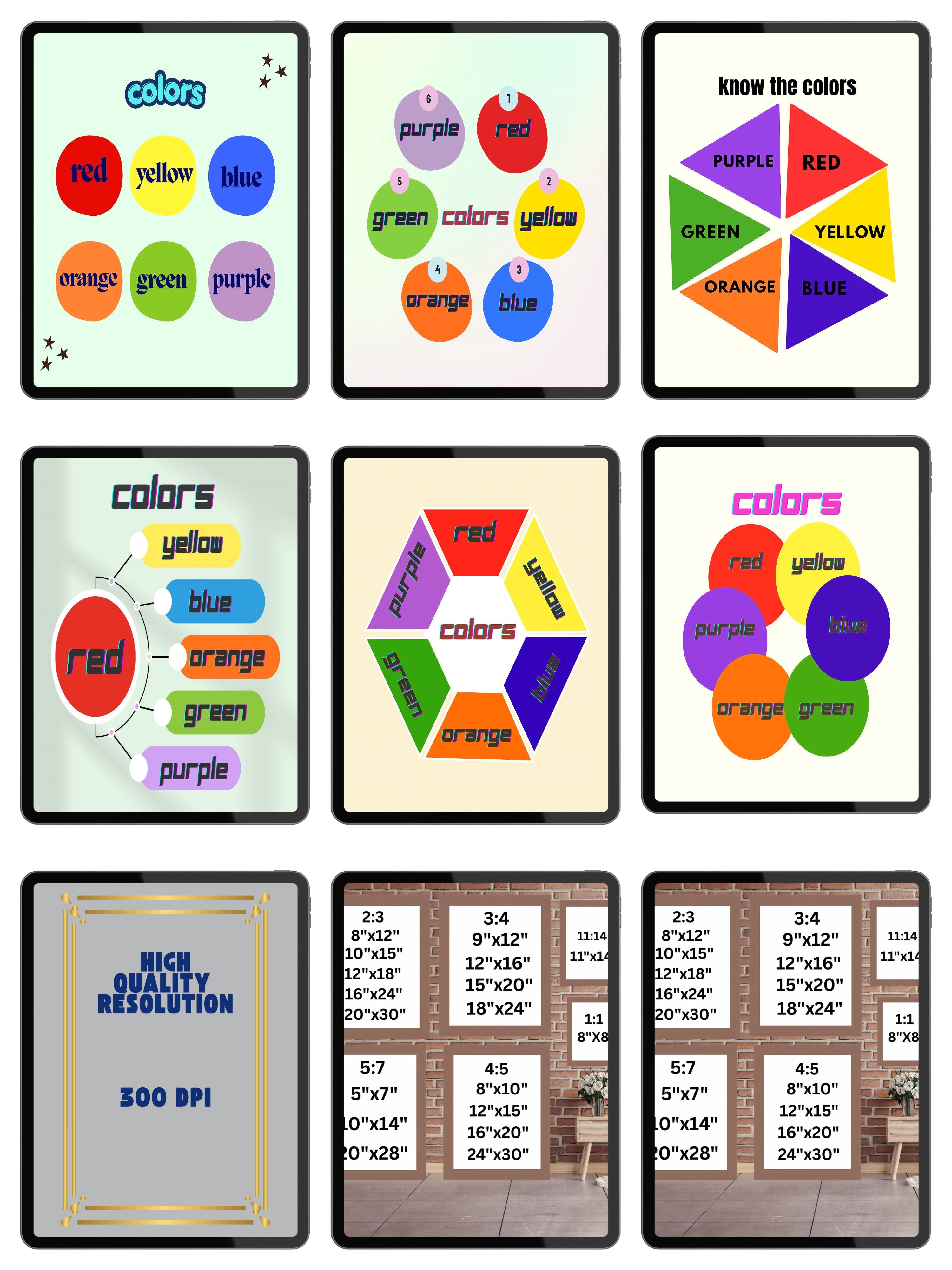 Bundle Color Wall Art 60 no. jpg files| 15 designs in 11+sizes|Color Learning Wall Art for Kids, Preschool Educational Poster, Nursery Printable Decor, Montessori Learning Prints|ke3