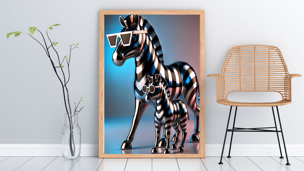 Chrome Metallic Zebra Mother and Foal Wall Art Bundle, Commercial Use Futuristic 3D Zebra Sculpture Sunglasses Neon Studio Glow Modern Luxury Safari Poster, Animal POD Print, Digital Download, 300 DPI