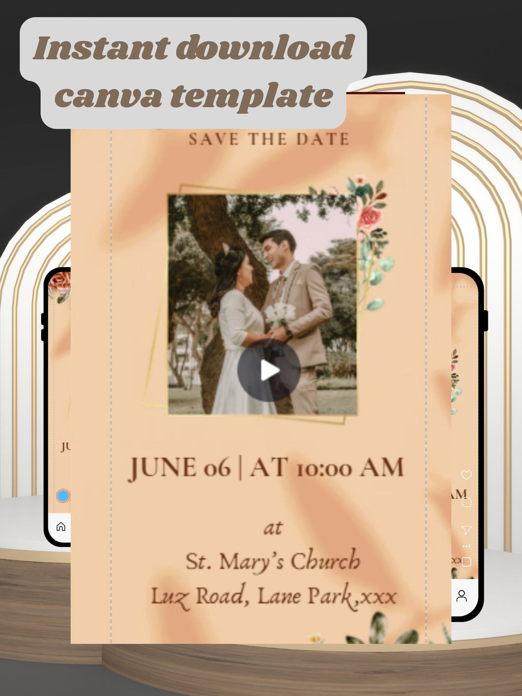 Christian Wedding Invitation Video Template Canva | Peach Watercolour Floral Save the Date | Isabel Weds Jonathan Day of Blessing | Personal Use