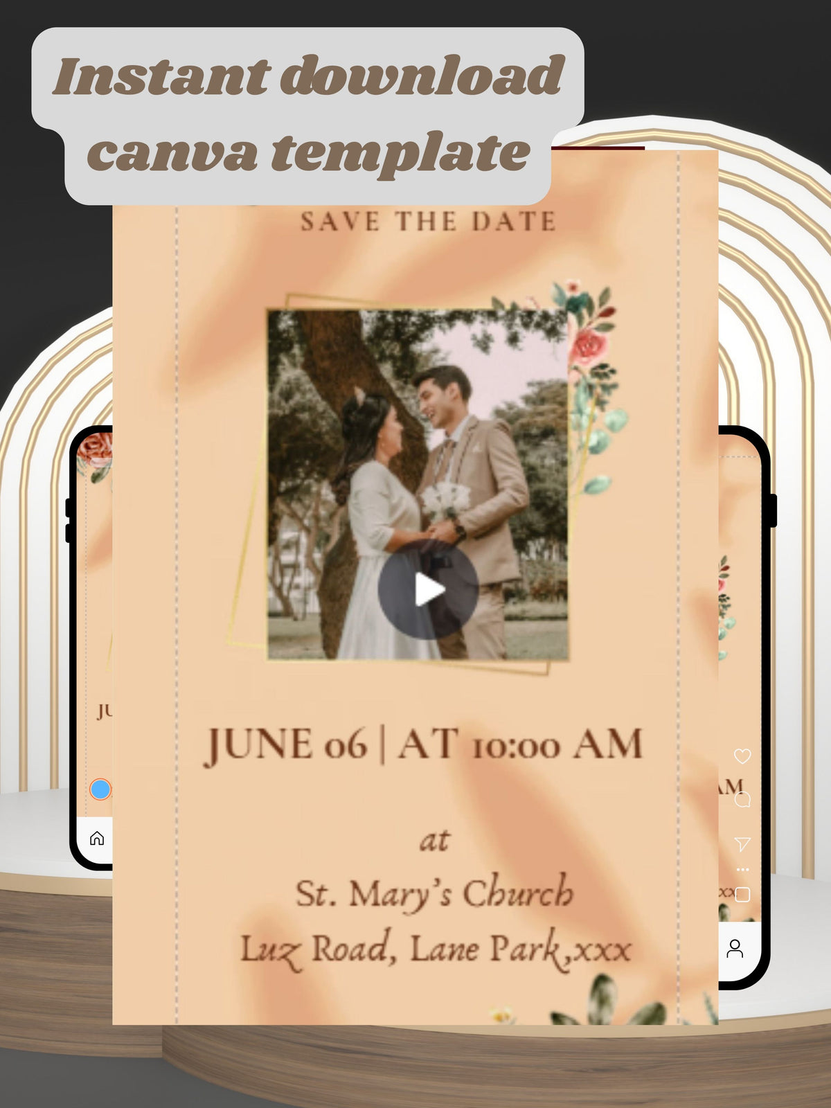 Christian Wedding Invitation Video Template Canva | Peach Watercolour Floral Save the Date | Isabel Weds Jonathan Day of Blessing | Personal Use
