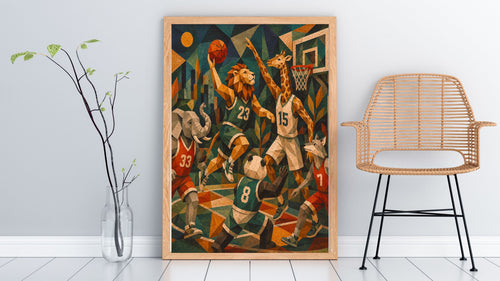 Art Deco Animal Basketball Game Wall Art Bundle, Commercial Use Lion Giraffe Elephant Panda Wolf Players, Teal Orange Sports Lover POD Print, Digital Download, 300 DPI