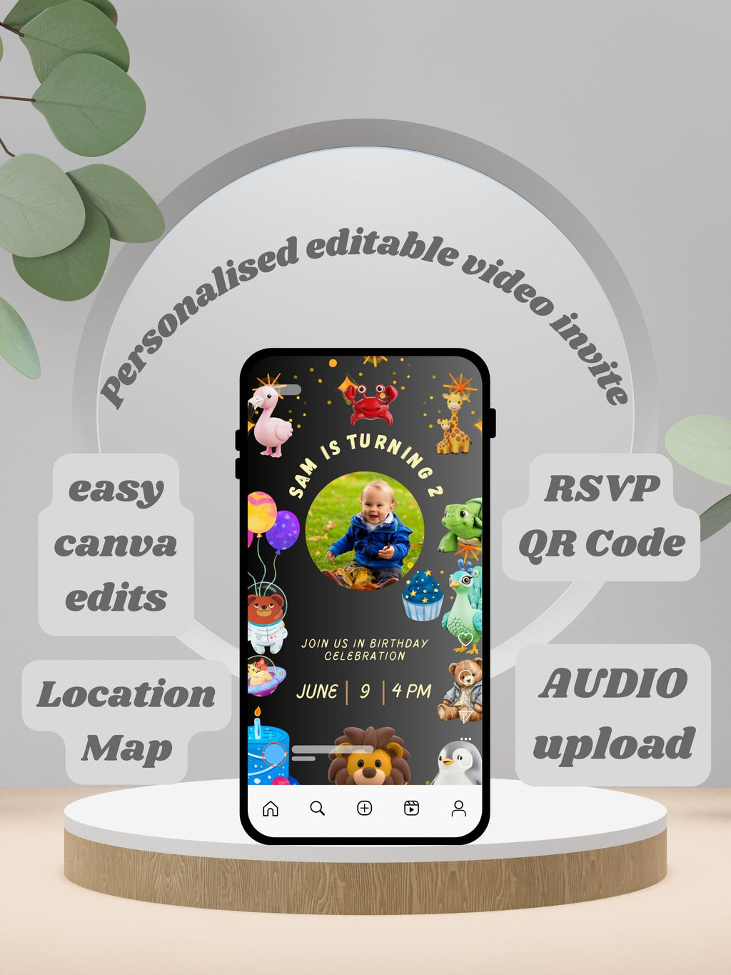 commercial use ANIMAL THEME Birthday Invitation Video | Editable Canva pro Template | Kids Party Invite | ki34c