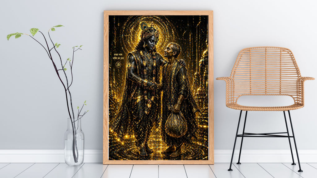 Dark Krishna Sudama Wall Art Printable | Black Gold Luxury Friendship Handshake Sanskrit Sakha Bhav Halo Temple Night | Hindu Spiritual Decor Friendship Gift