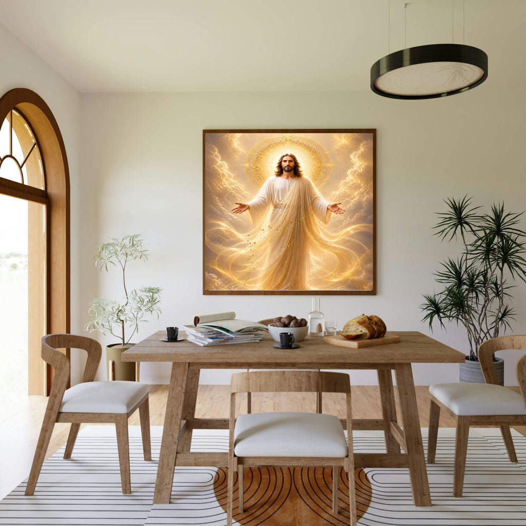 Jesus King of Glory Wall Art Printable | Heavenly Throne Room Ascended Christ Filigree Crown Halo Print | Gold Veil Mantle Blessing Hands Royal Heaven Decor