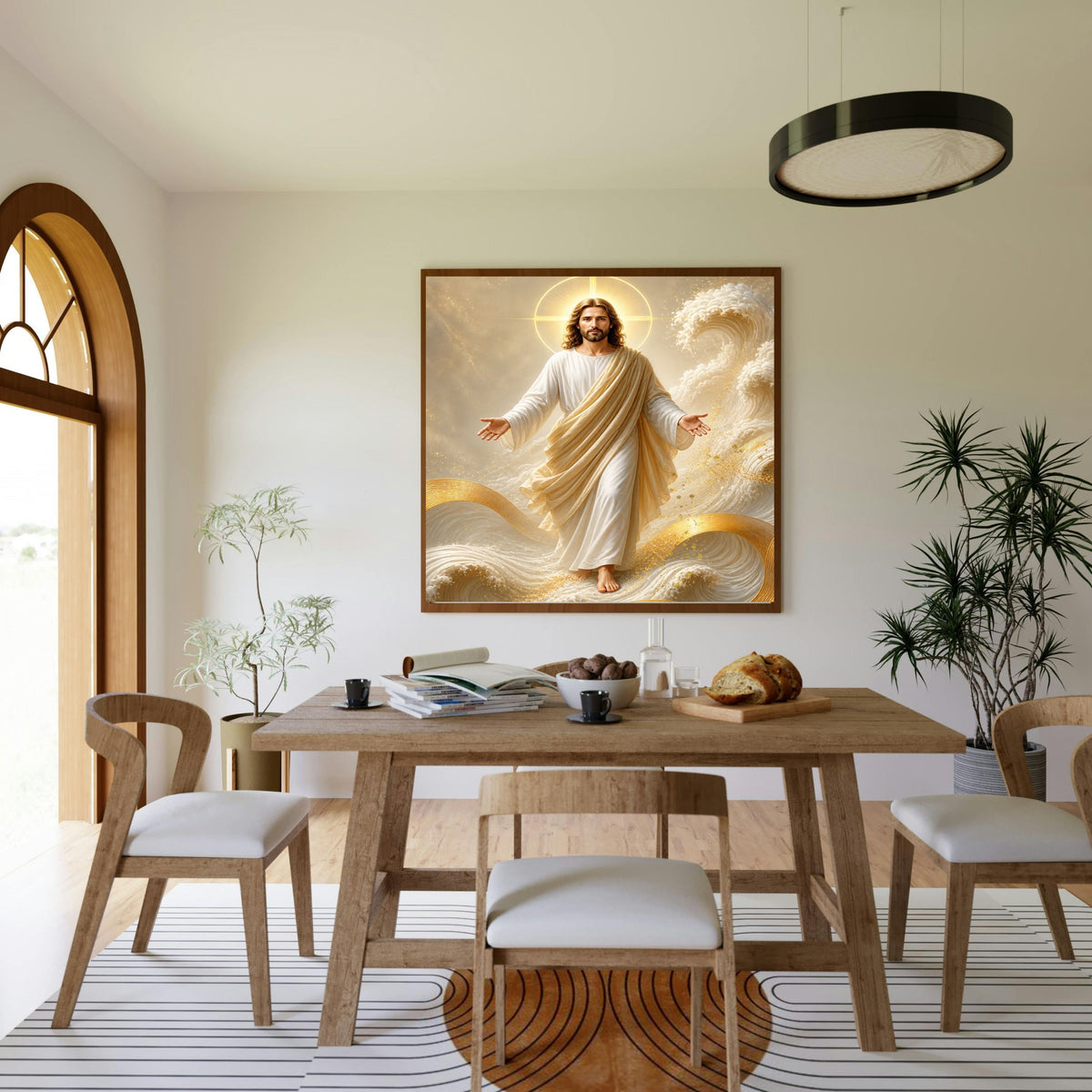 Jesus Walking on Water Wall Art Printable | Lord of the Storm Peace Be Still Cream Gold Waves Print | Circular Cross Halo Ocean Faith Christian Decor