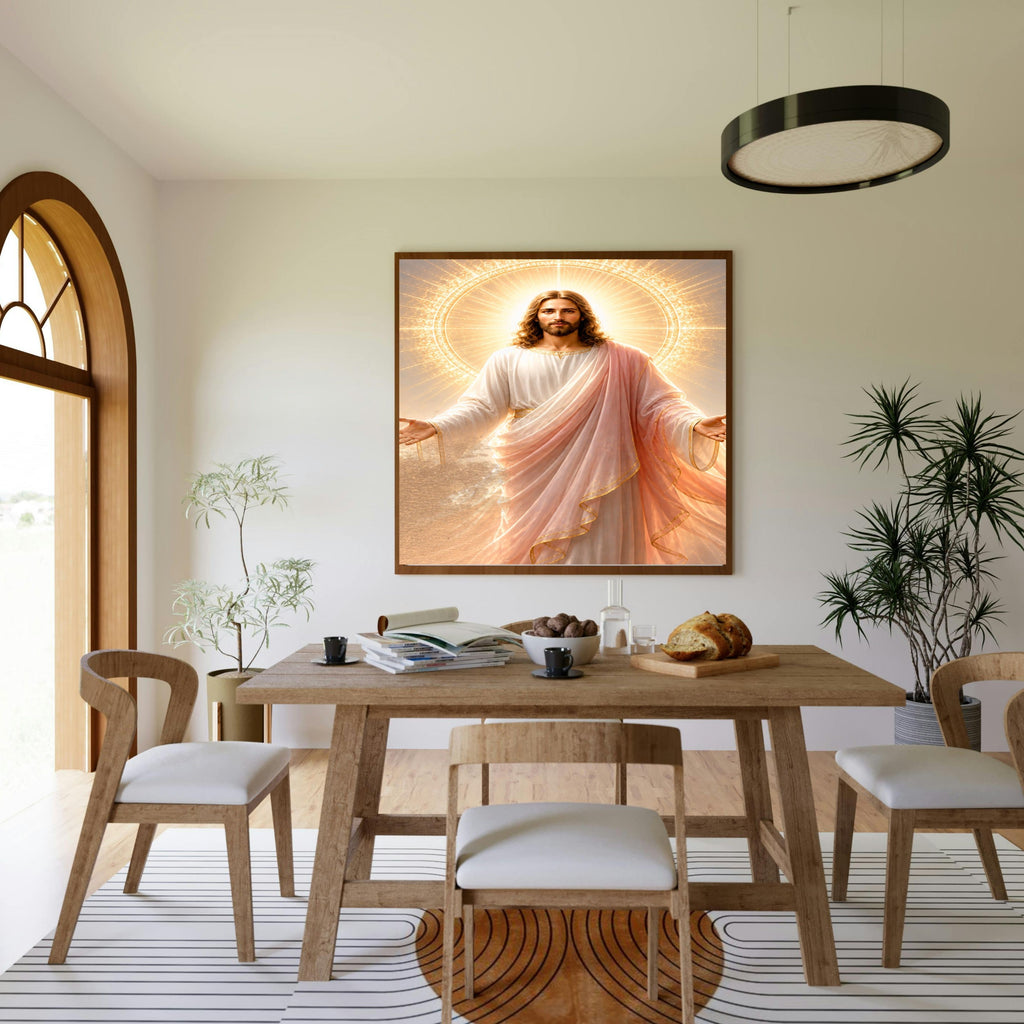 Jesus Light of the World Wall Art Printable | Smiling Direct Gaze Sunburst Cross Halo Print | Peach Mantle Gold Trim Divine Mercy Sacred Heart Decor