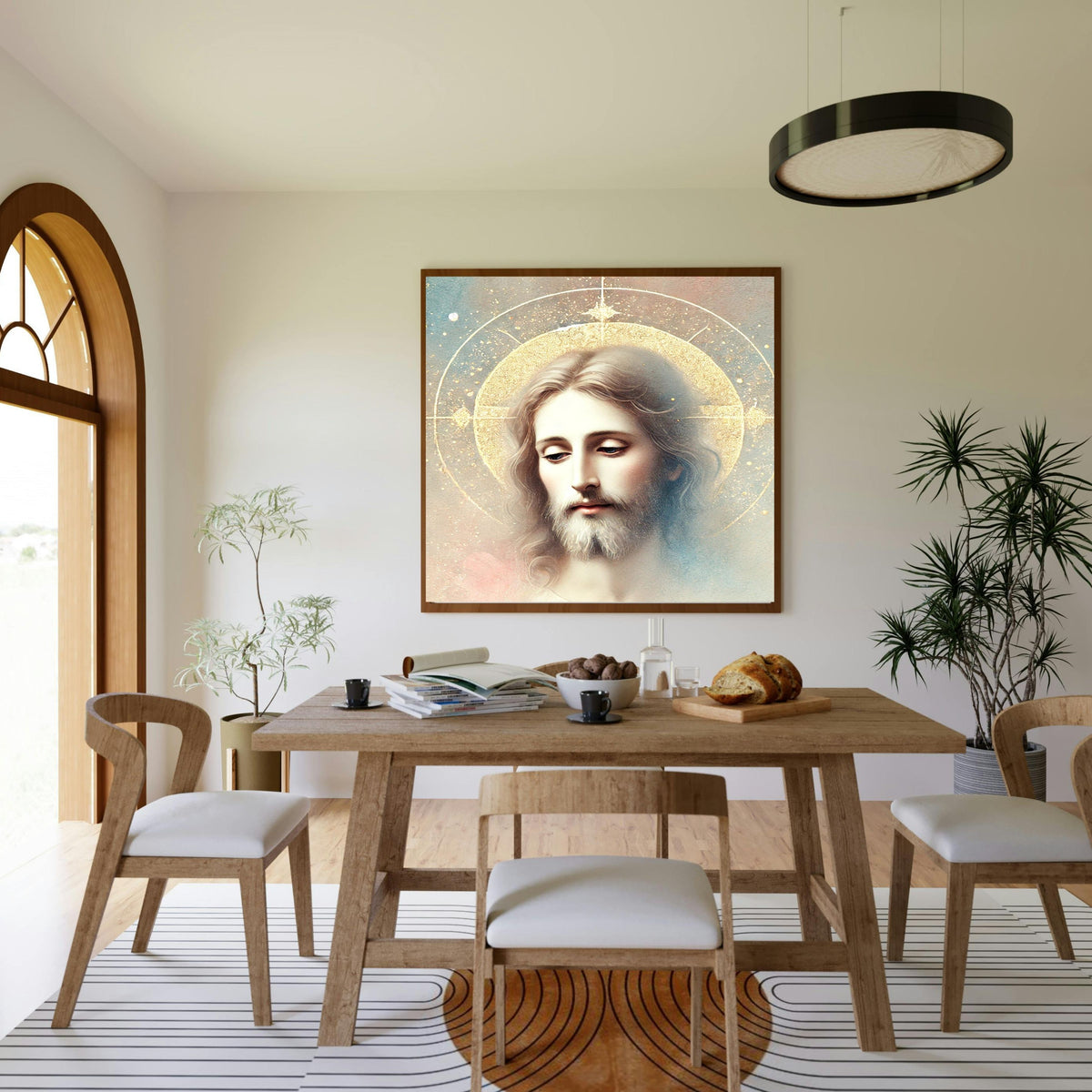Jesus Face Portrait Wall Art Printable | Close Up Contemplative Jesus Pastel Watercolour Gold Oval Halo Four-Point Star | Christian Peaceful Face Devotional Decor Gift