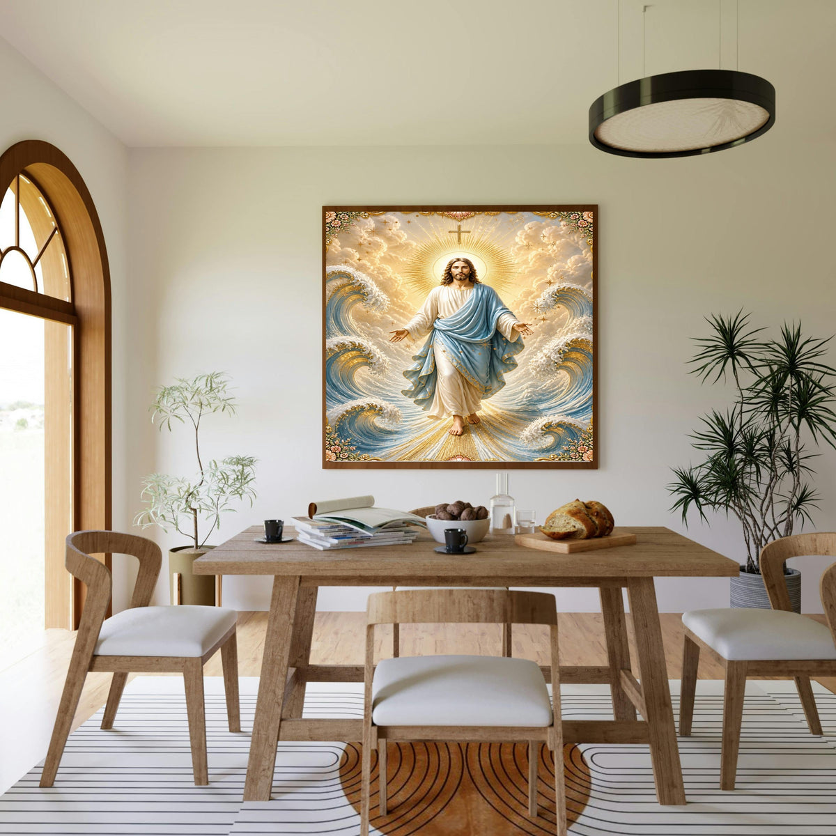 Jesus Lord of the Waves Wall Art Printable | Sky-Blue Mantle Parting Ocean Baroque Gold Border Seashell Frame Print | Sovereign over Storms Christian Coastal Faith Decor