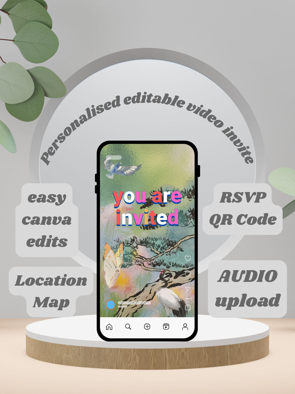 Nature Birthday Video Invitation Canva | Oriental Watercolour Bonsai Tree Golden Butterfly White Crane Enchanted Forest Blue Morpho Magenta Blooming Cherry Blossom Violet Sunset | Personal Use Instant Download