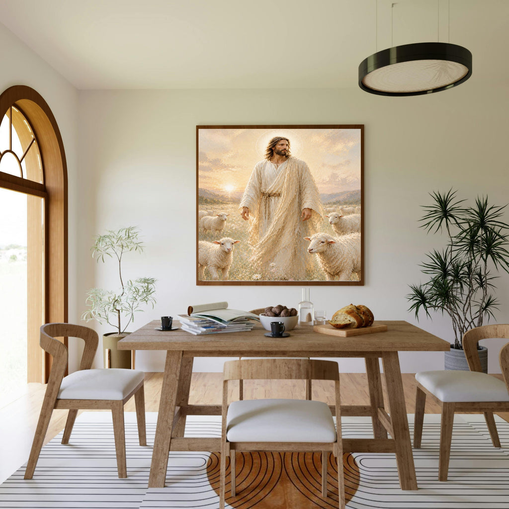 Good Shepherd Jesus Wall Art Printable | Full-Length Daisy Wildflower Meadow Four White Sheep Flock Sunrise Golden Sky Mountain Rope Belt Robe Oil Painting Style | Christian Faith Pastoral Decor Gift