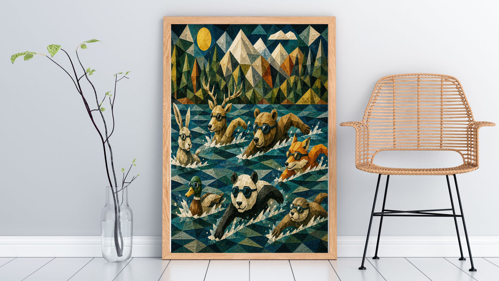 Woodland Animal Swimming Race Wall Art Bundle, Commercial Use Geometric Low-Poly Panda Bear Stag Fox Rabbit Duck Otter Goggle Swim Nursery Poster, Athletic Adventure POD Print, Digital Download, 300 DPI