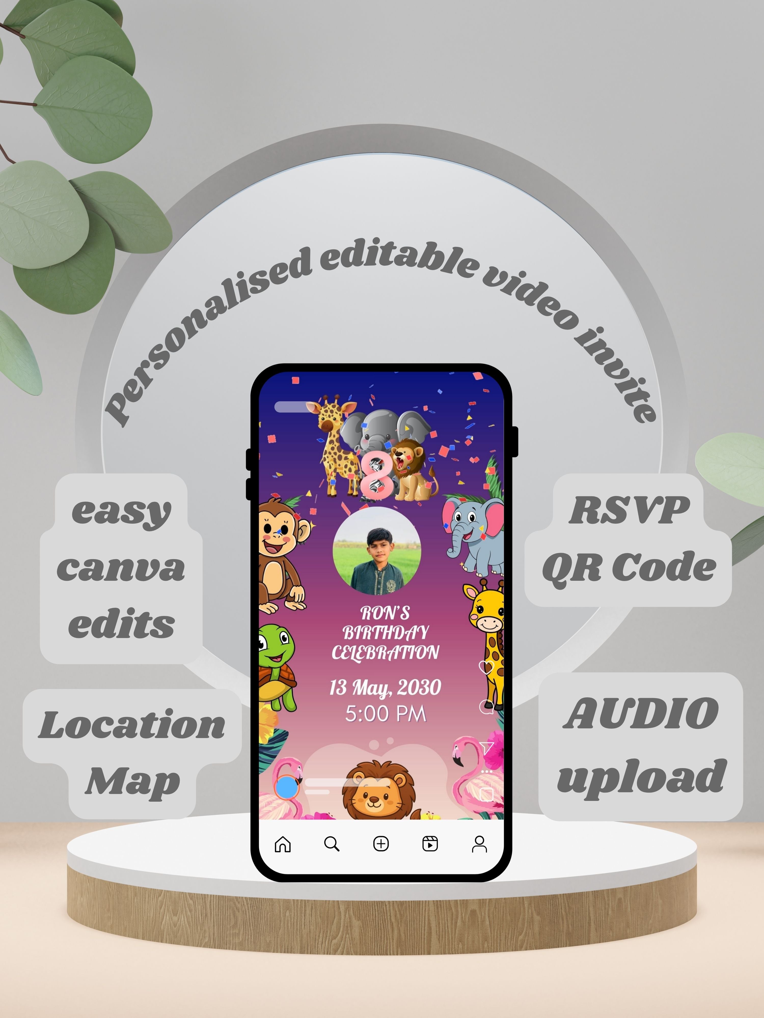 ANIMAL THEME Birthday Invitation Video | Editable Canva pro Template | Kids Party Invite | ki32