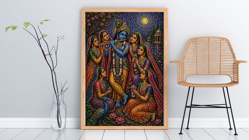 Krishna Gopis Wall Art Printable | Raas Lila Bead Mosaic Bansuri Flute Five Devotees Peacock Lotus Temple Swirling Sun Vrindavan | Hindu Spiritual Decor Devotional Gift