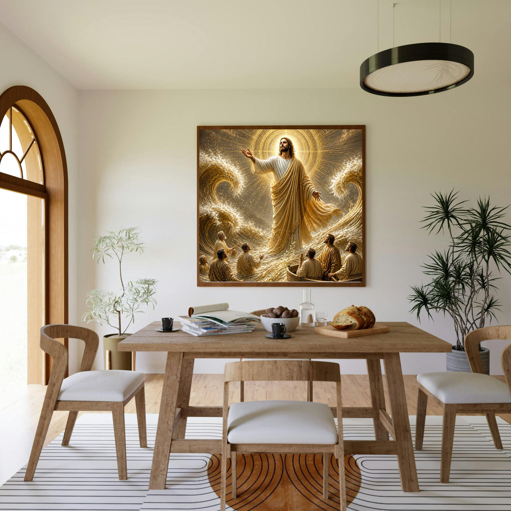 Jesus Calms the Storm Wall Art Printable | Peace Be Still Disciples Boat Sea of Galilee Gold Sunburst Halo Print | Christian Storm Miracle Faith Decor Gift