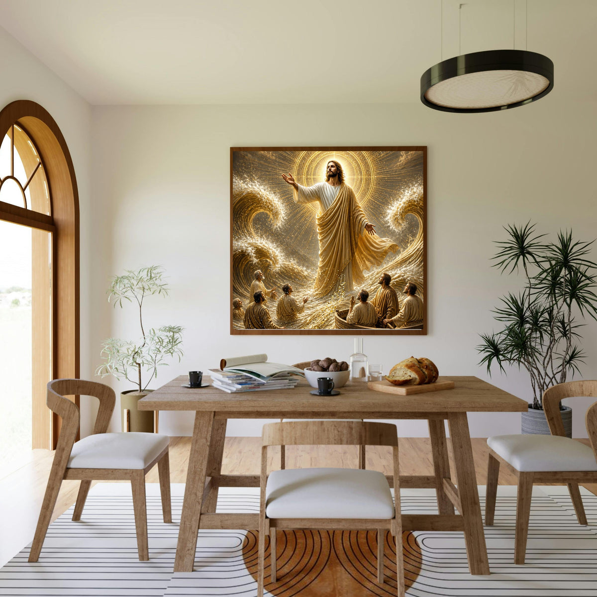 Jesus Calms the Storm Wall Art Printable | Peace Be Still Disciples Boat Sea of Galilee Gold Sunburst Halo Print | Christian Storm Miracle Faith Decor Gift