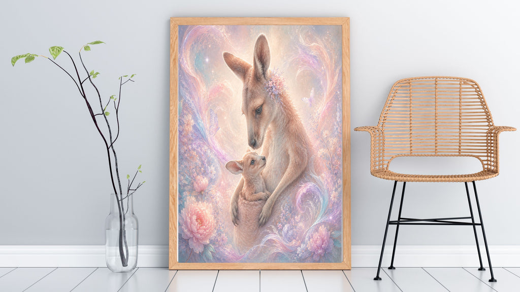 Dreamy Pastel Kangaroo Nursery Wall Art Printable, Mother and Joey Floral Love Poster, Australian Animal Kids Bedroom Print, Instant Digital Download, 300 DPI