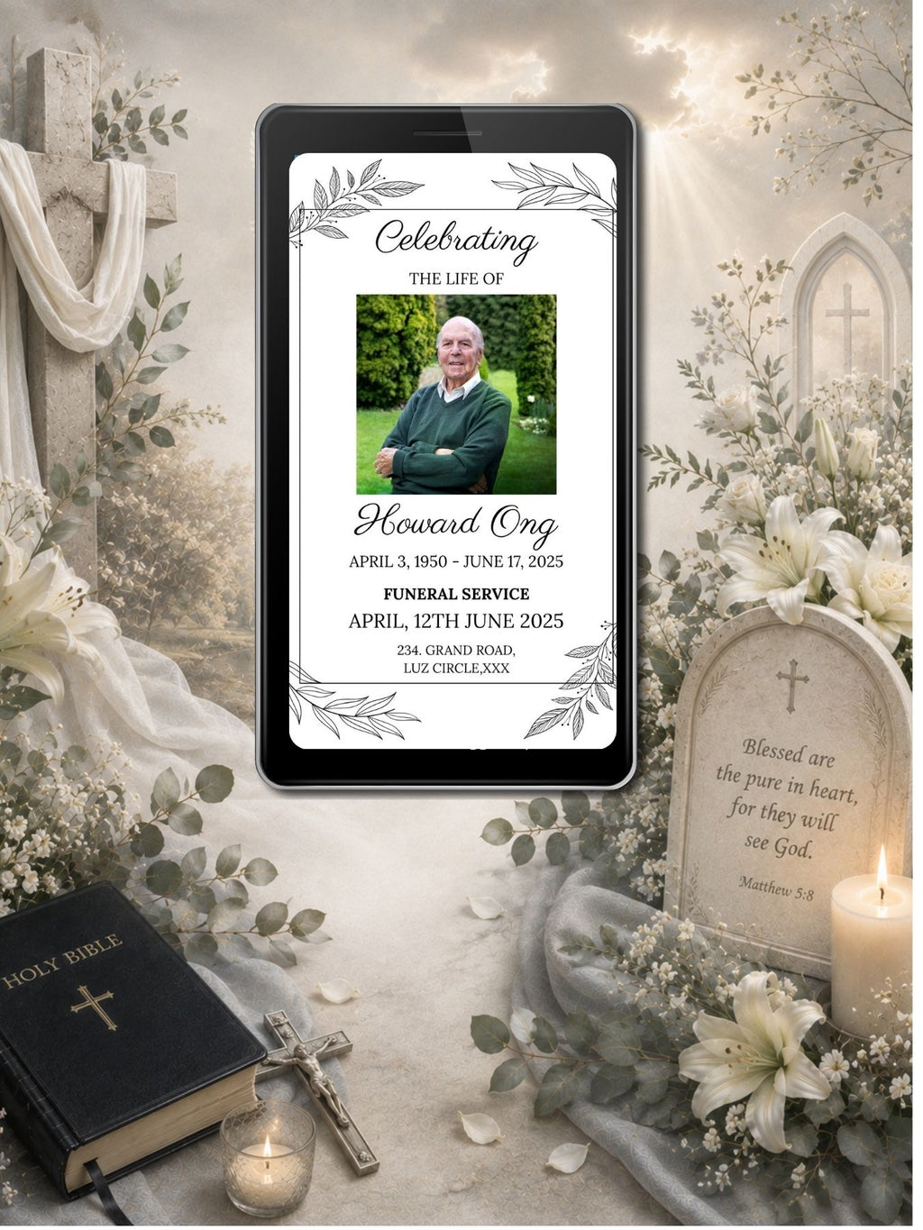 White Minimalist Line Art Leaf Funeral Service Video Invitation | Editable Canva Template | Celebrating the Life Of | Elegant Border Photo Invite | Instant Download